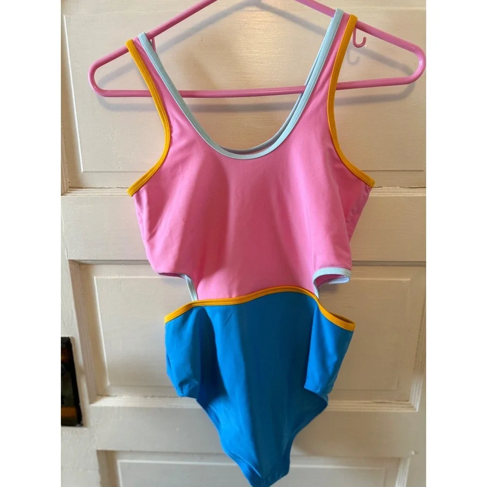 DSG Kids Colorblock Cutout One Piece Swimsuit‎ Pink Blue Yellow Size XL